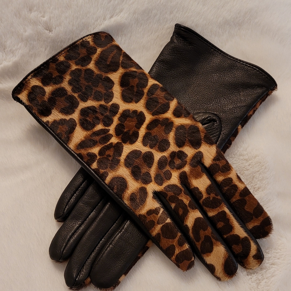 J McLaughlin Camilla Leather Leopard Gloves Size Medium New With Tag - Picture 1 of 14